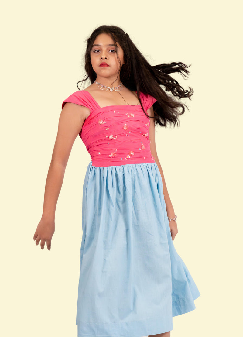 Pink Blue Smocked Pleated Dress_1 - Prunus Petal Collection