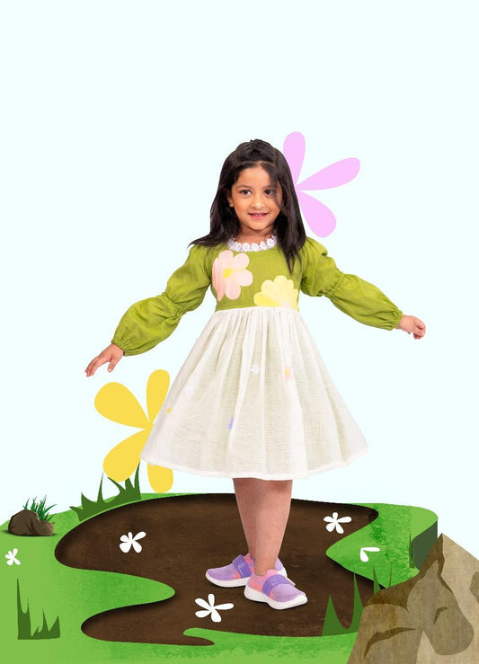 Green Daisy Gathered Dress - Daisy Dreamland Collection