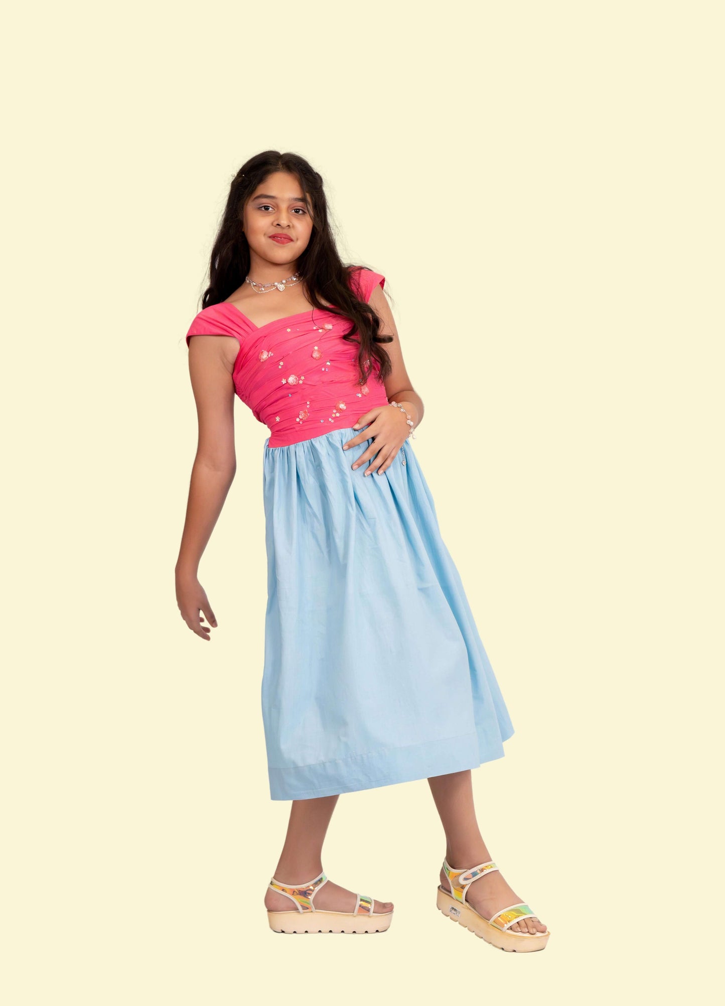 Pink Blue Smocked Pleated Dress - Non-hand painted Collection