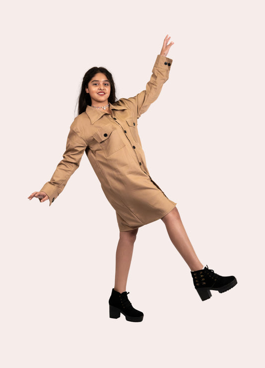 Sandy Brown Shirt Dress - Non-hand painted